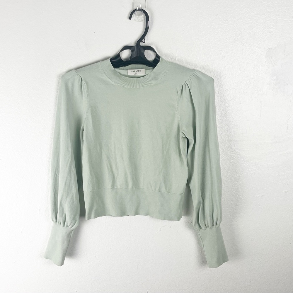 BABATON Green Long Puff Cuff Sleeves Cropped Blouse Size XXS Boho Preppy Neutral